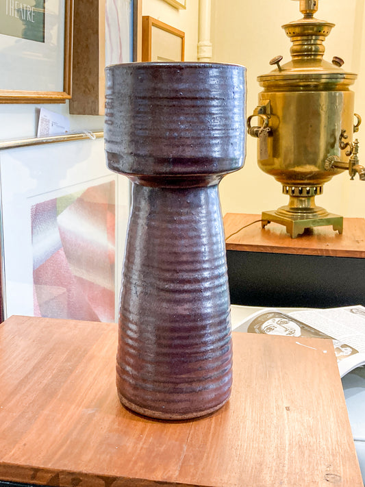 Vintage Midcentury Metallic Burgundy Pottery Stoneware Tall Ikebana Vase