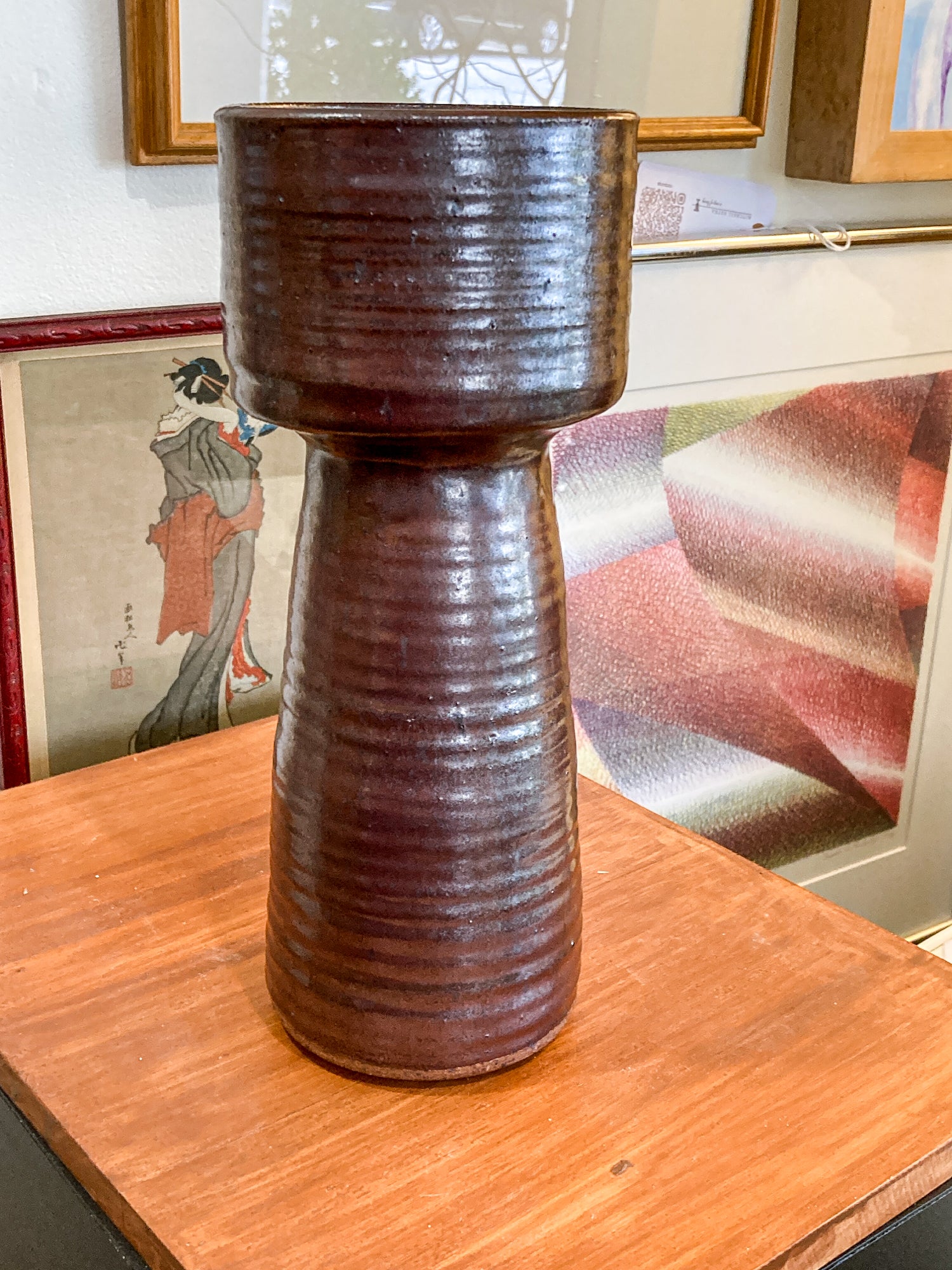 Vintage Midcentury Metallic Burgundy Pottery Stoneware Tall Ikebana Vase
