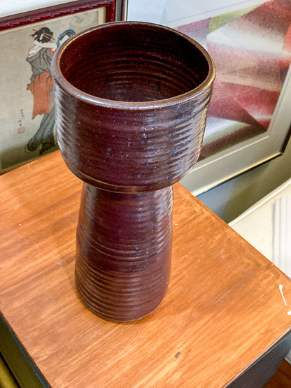 Vintage Midcentury Metallic Burgundy Pottery Stoneware Tall Ikebana Vase