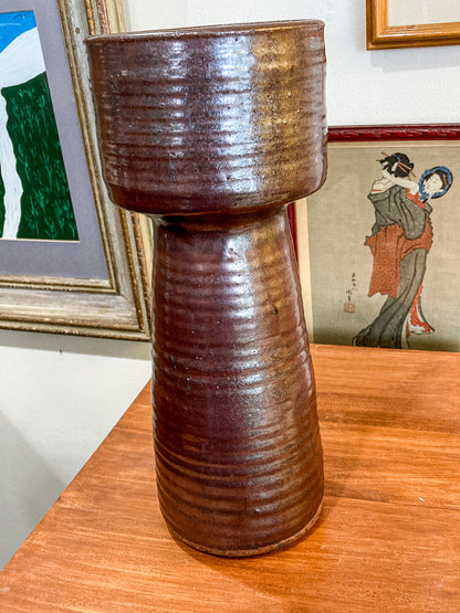 Vintage Midcentury Metallic Burgundy Pottery Stoneware Tall Ikebana Vase