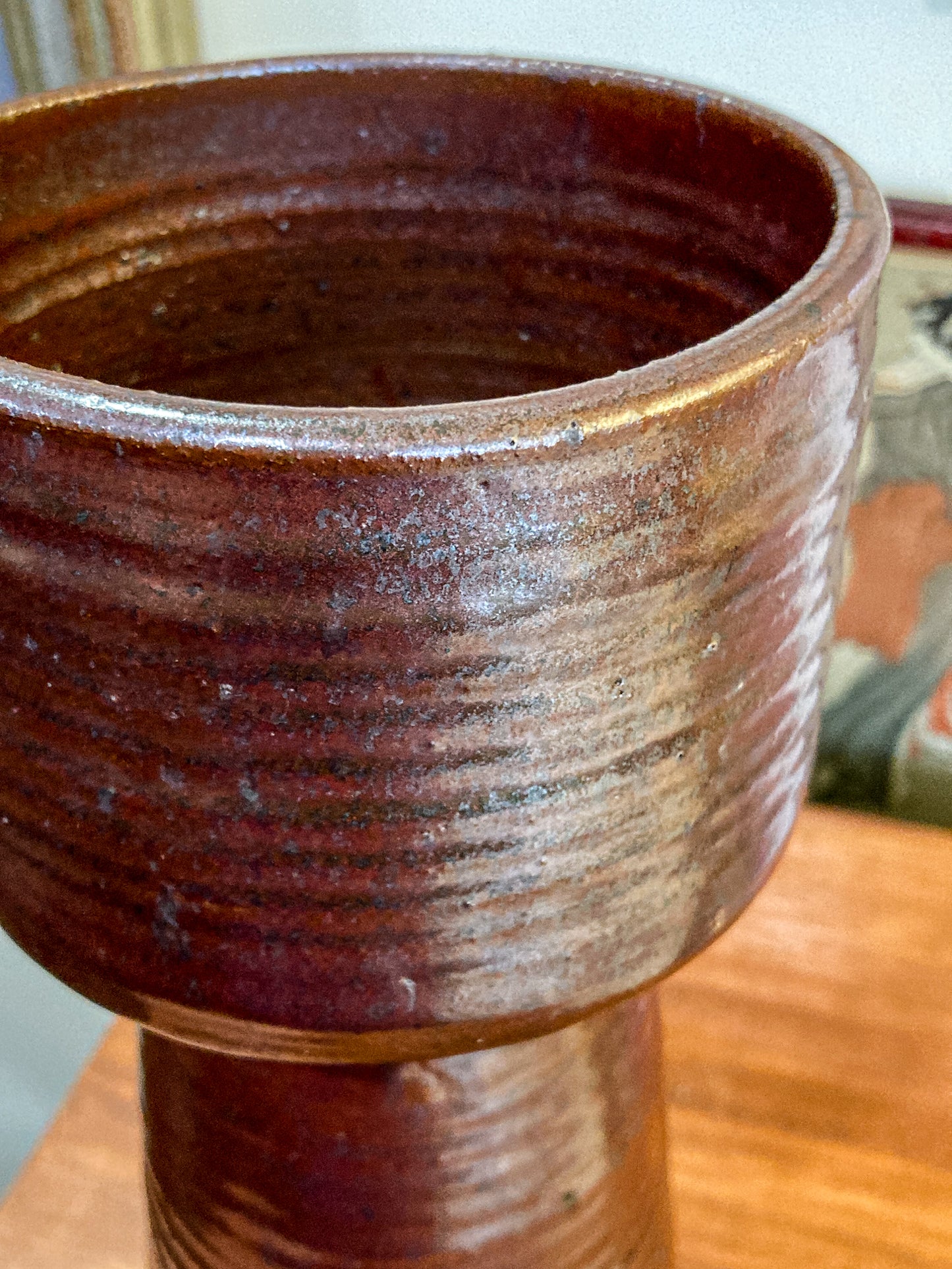 Vintage Midcentury Metallic Burgundy Pottery Stoneware Tall Ikebana Vase
