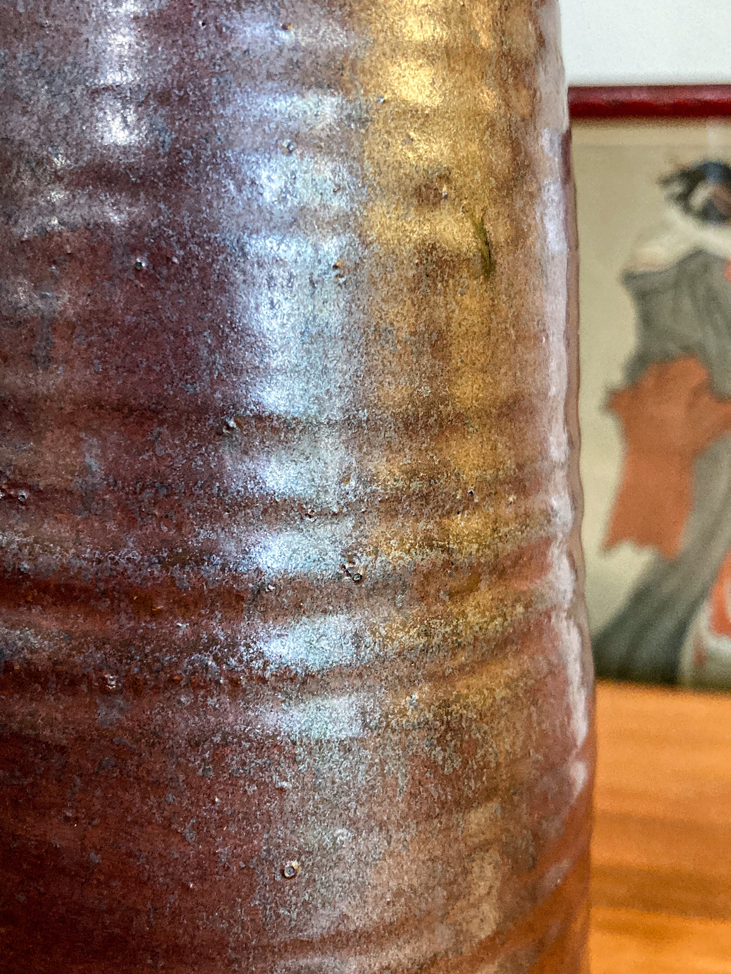 Vintage Midcentury Metallic Burgundy Pottery Stoneware Tall Ikebana Vase