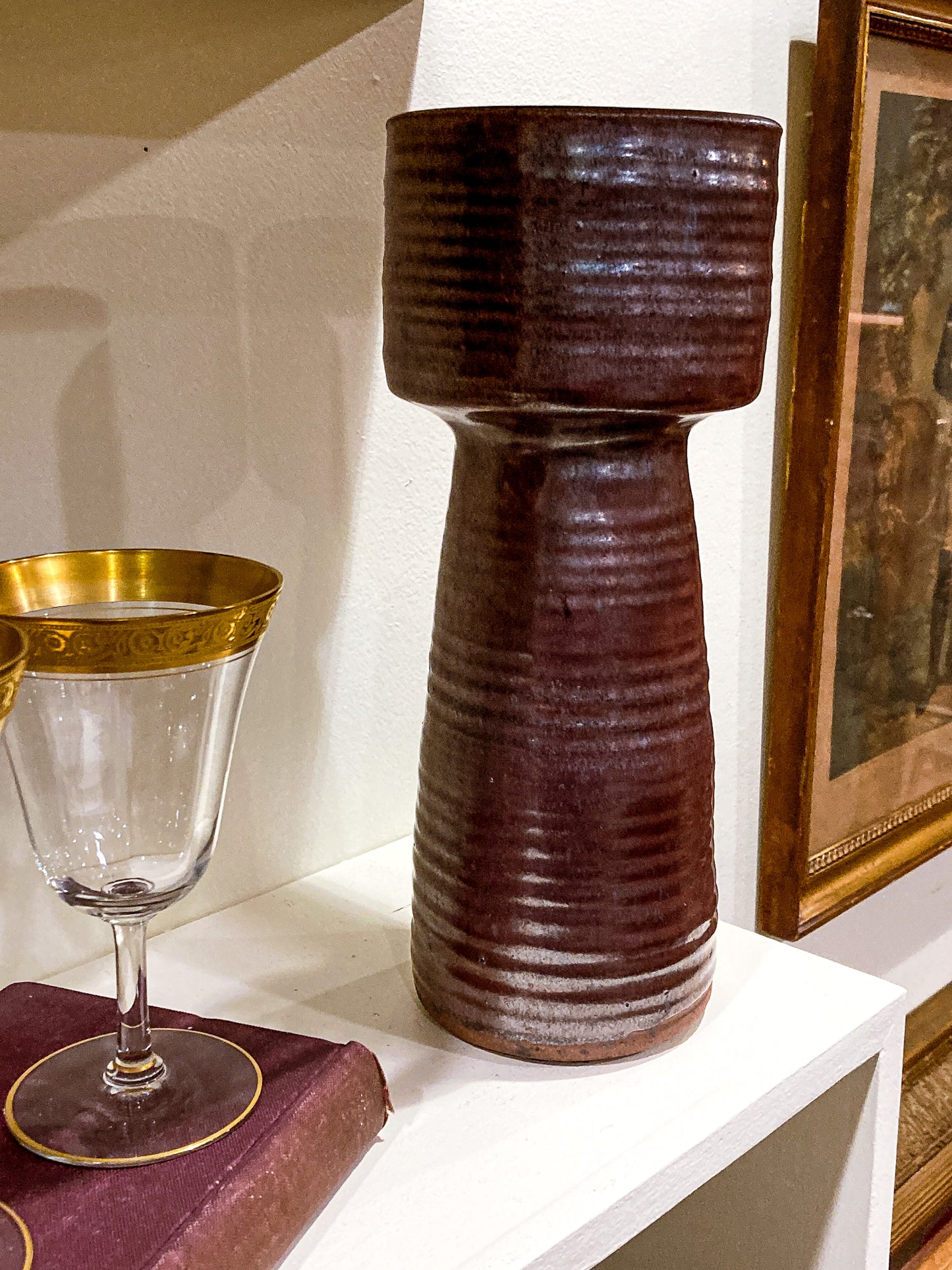 Vintage Midcentury Metallic Burgundy Pottery Stoneware Tall Ikebana Vase