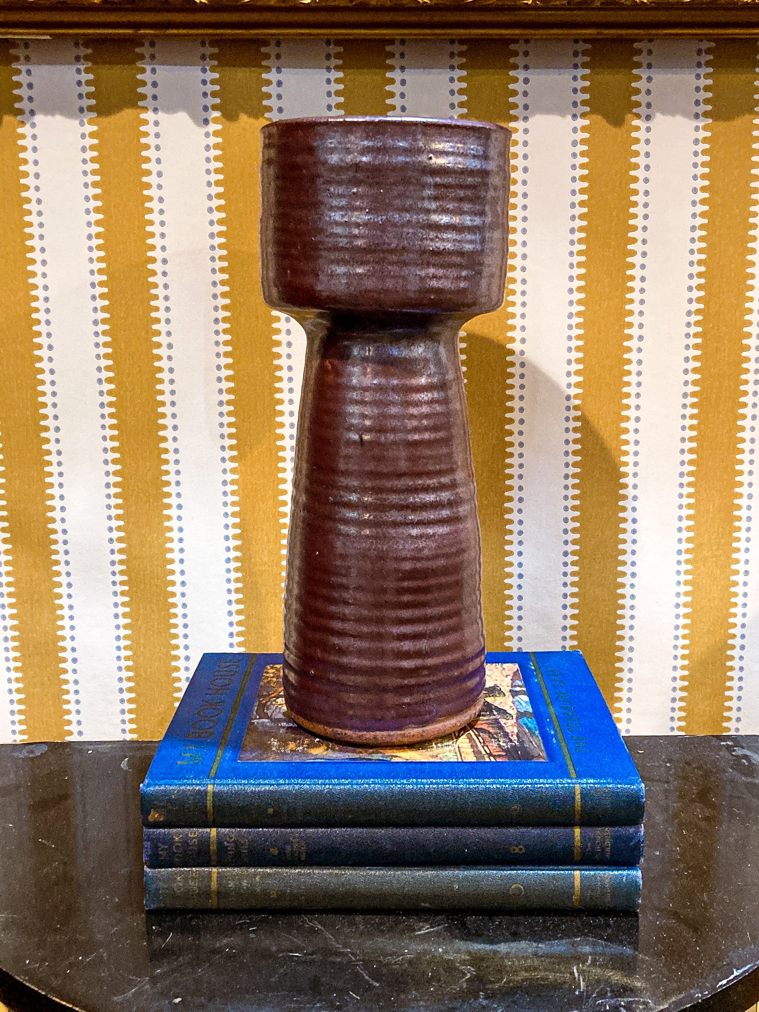 Vintage Midcentury Metallic Burgundy Pottery Stoneware Tall Ikebana Vase