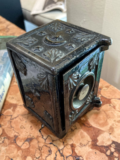 Vintage Miniature Safe Star Moon Collectible Cast Iron Coin Still Bank