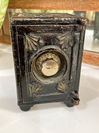 Vintage Miniature Safe Star Moon Collectible Cast Iron Coin Still Bank