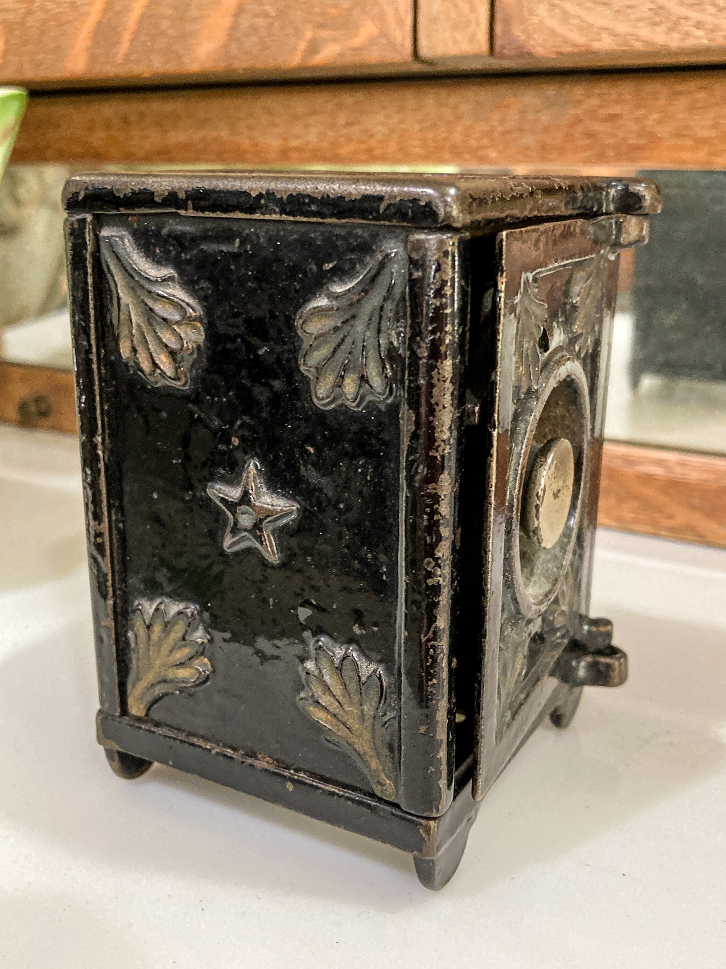 Vintage Miniature Safe Star Moon Collectible Cast Iron Coin Still Bank