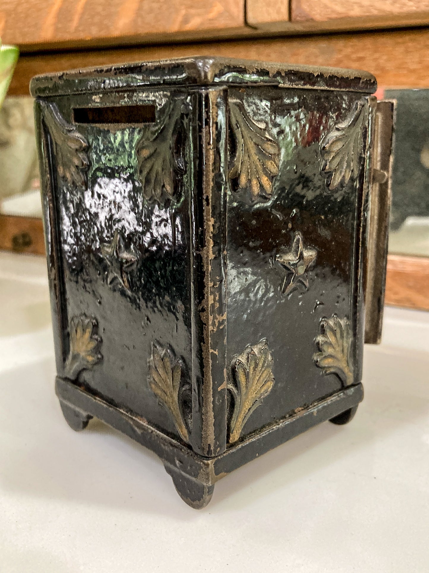Vintage Miniature Safe Star Moon Collectible Cast Iron Coin Still Bank