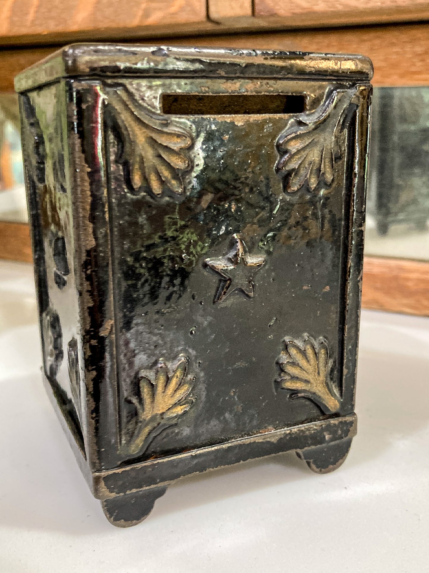 Vintage Miniature Safe Star Moon Collectible Cast Iron Coin Still Bank