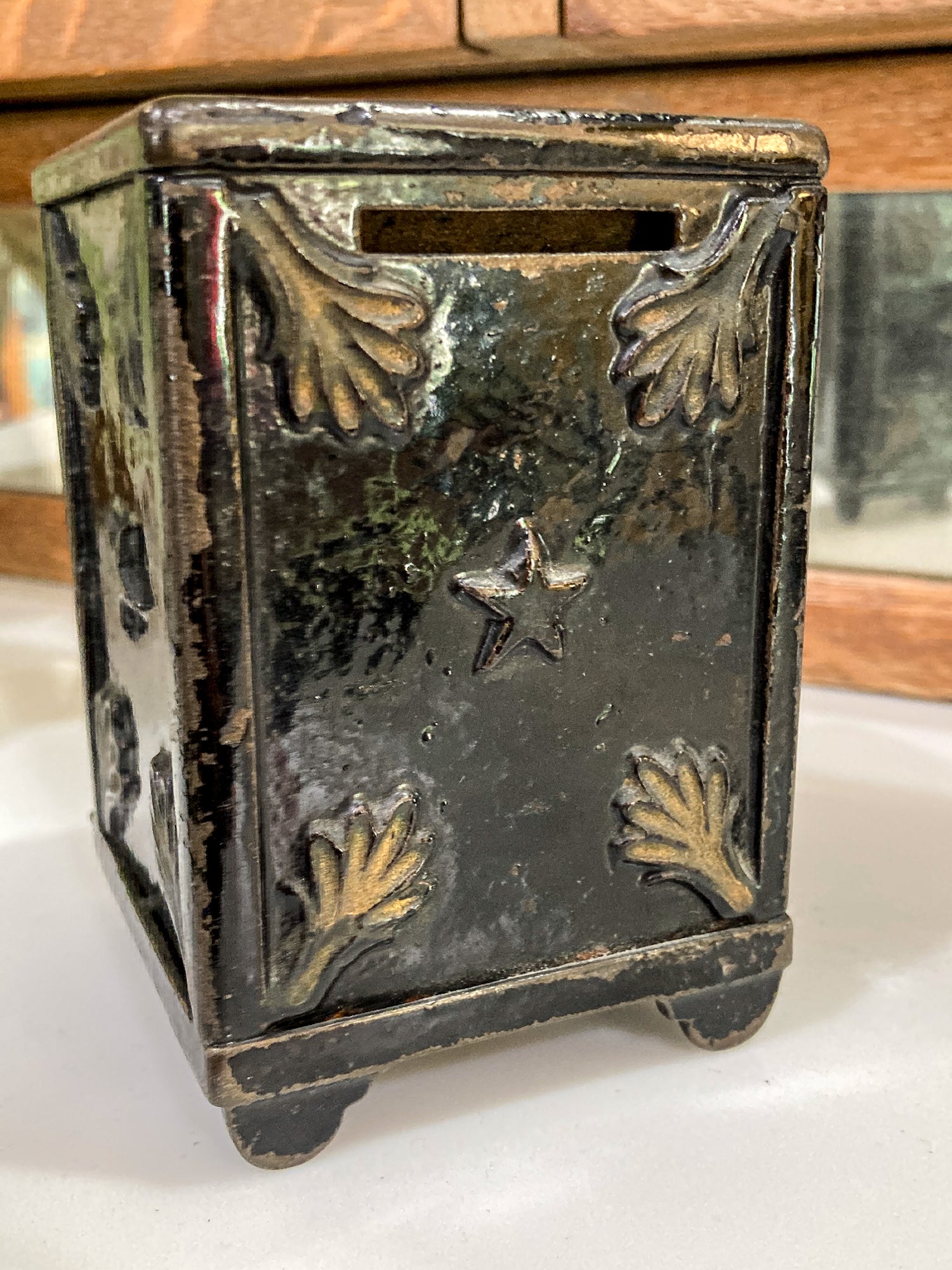Vintage Miniature Safe Star Moon Collectible Cast Iron Coin Still Bank