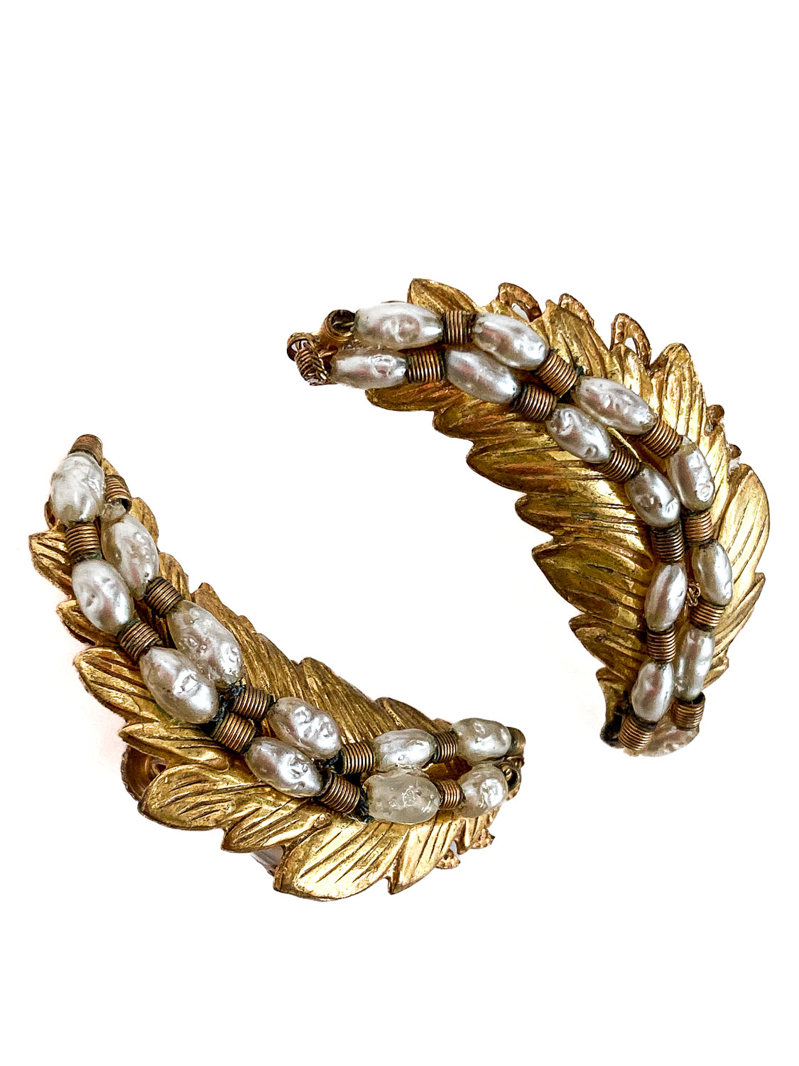Vintage Miriam Haskell Gold Pearl Feather Ear Cuff Style Screwback Earrings White Background 3