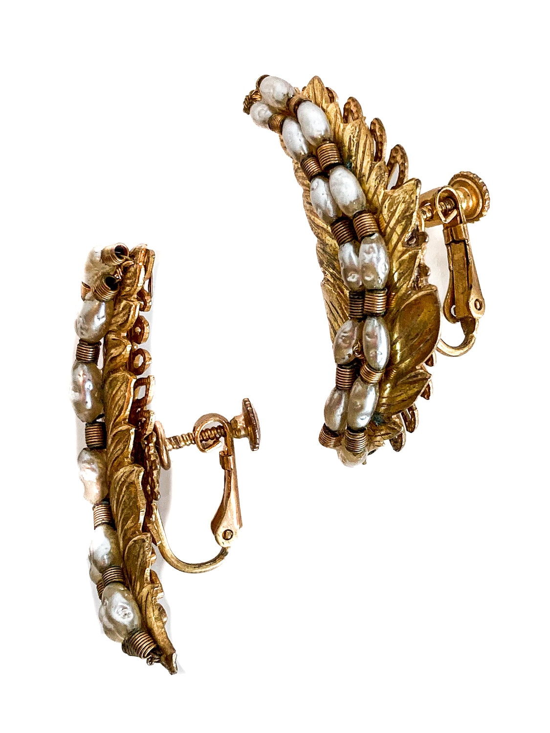 Vintage Miriam Haskell Gold Pearl Feather Ear Cuff Style Screwback Earrings White Background 6