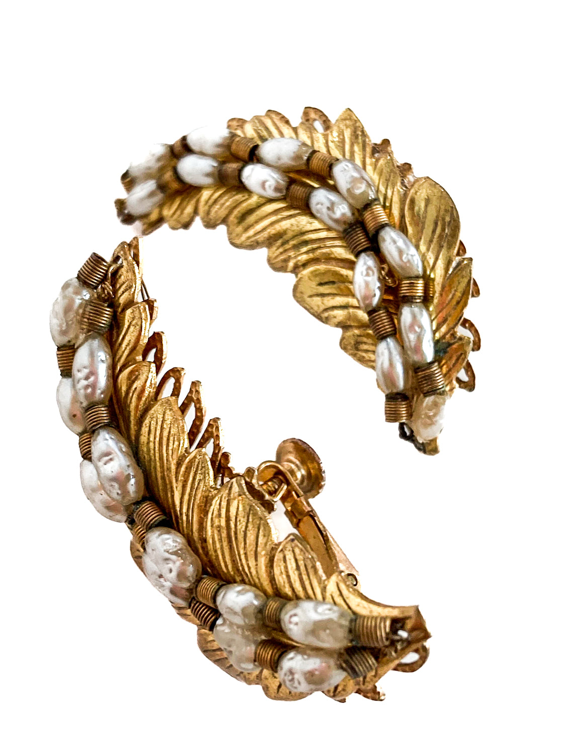 Vintage Miriam Haskell Gold Pearl Feather Ear Cuff Style Screwback Earrings White Background 7