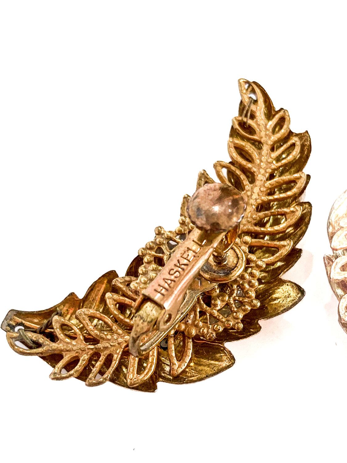 Vintage Miriam Haskell Gold Pearl Feather Ear Cuff Style Screwback Earrings White Background Close Up Markings 1