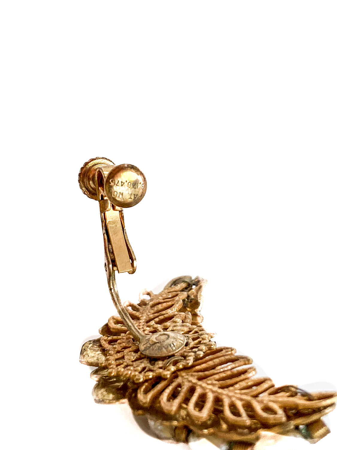 Vintage Miriam Haskell Gold Pearl Feather Ear Cuff Style Screwback Earrings White Background Close Up Markings 3