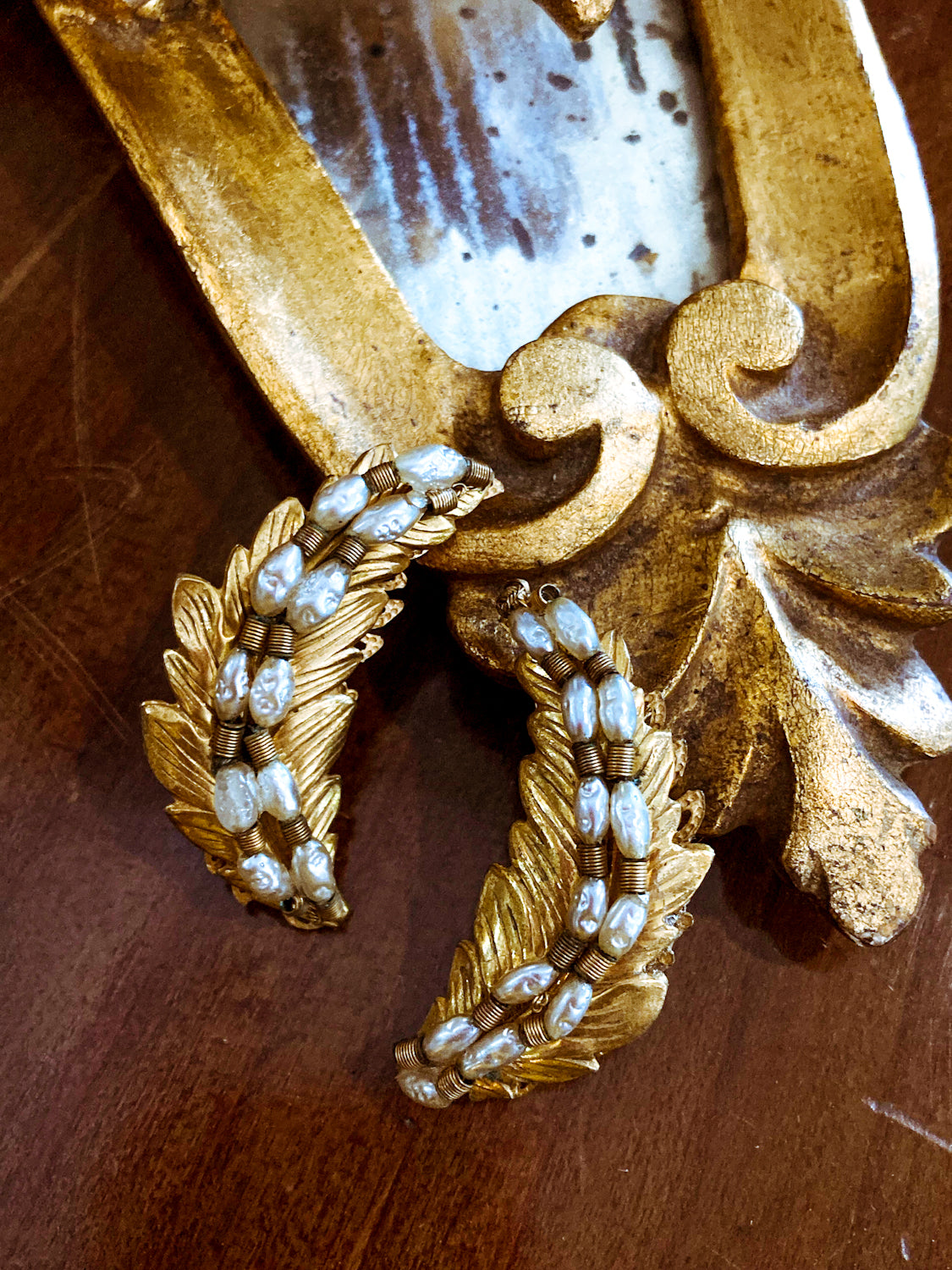 Vintage Miriam Haskell Gold Pearl Feather Ear Cuff Style Screwback Earrings 3