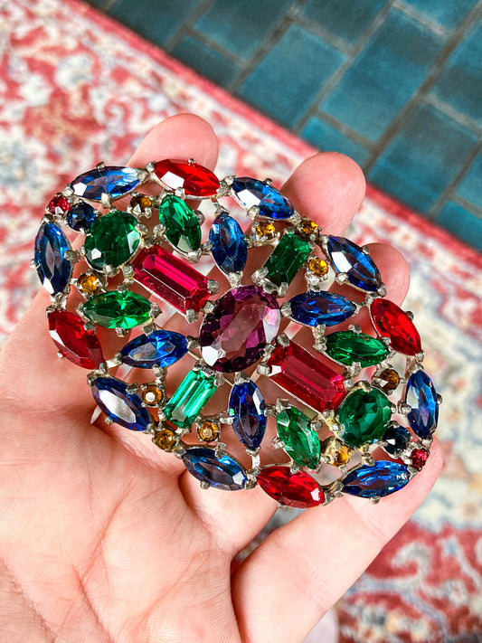 Vintage Multicolor Glass Rhinestone Large Oval Statement Brooch Pin