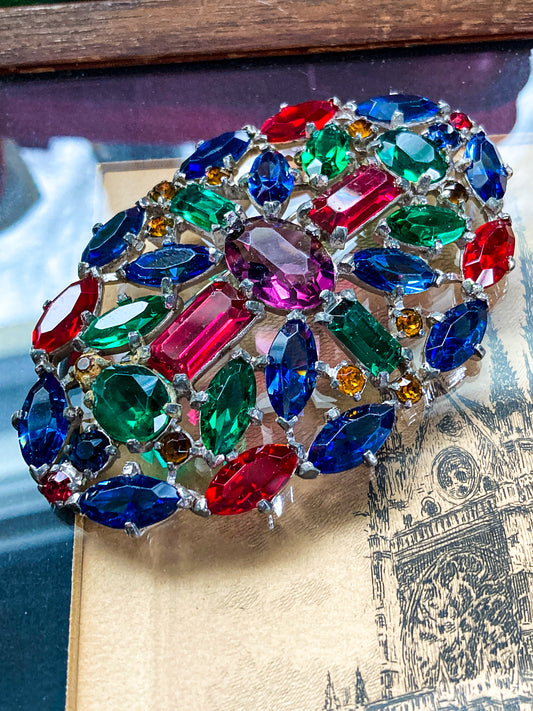 Vintage Multicolor Glass Rhinestone Large Oval Statement Brooch Pin