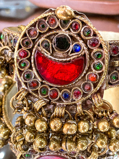 Vintage Multicolor Moon Glass Afghan Kuchi Dangle Jingle Bead Cuff Bracelet