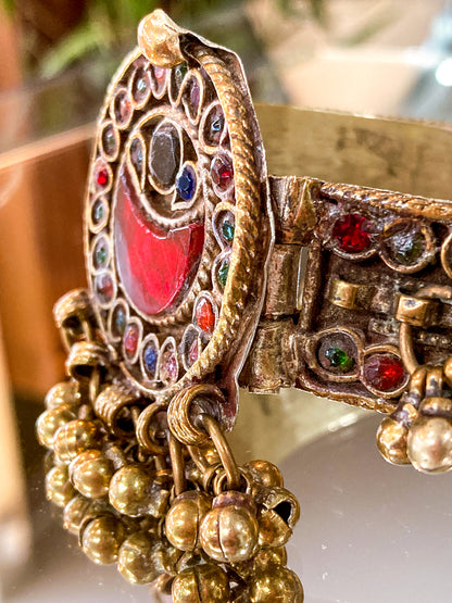Vintage Multicolor Moon Glass Afghan Kuchi Dangle Jingle Bead Cuff Bracelet