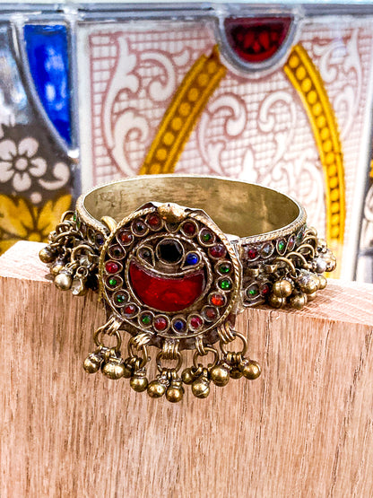 Vintage Multicolor Moon Glass Afghan Kuchi Dangle Jingle Bead Cuff Bracelet