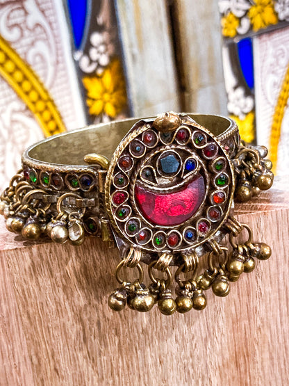 Vintage Multicolor Moon Glass Afghan Kuchi Dangle Jingle Bead Cuff Bracelet
