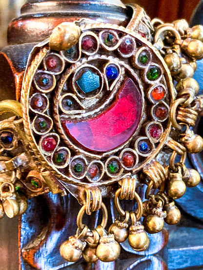 Vintage Multicolor Moon Glass Afghan Kuchi Dangle Jingle Bead Cuff Bracelet