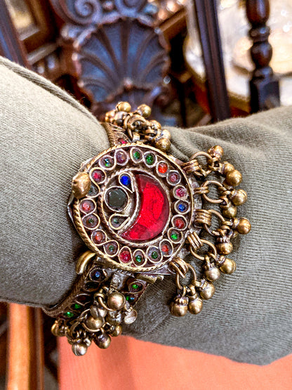 Vintage Multicolor Moon Glass Afghan Kuchi Dangle Jingle Bead Cuff Bracelet