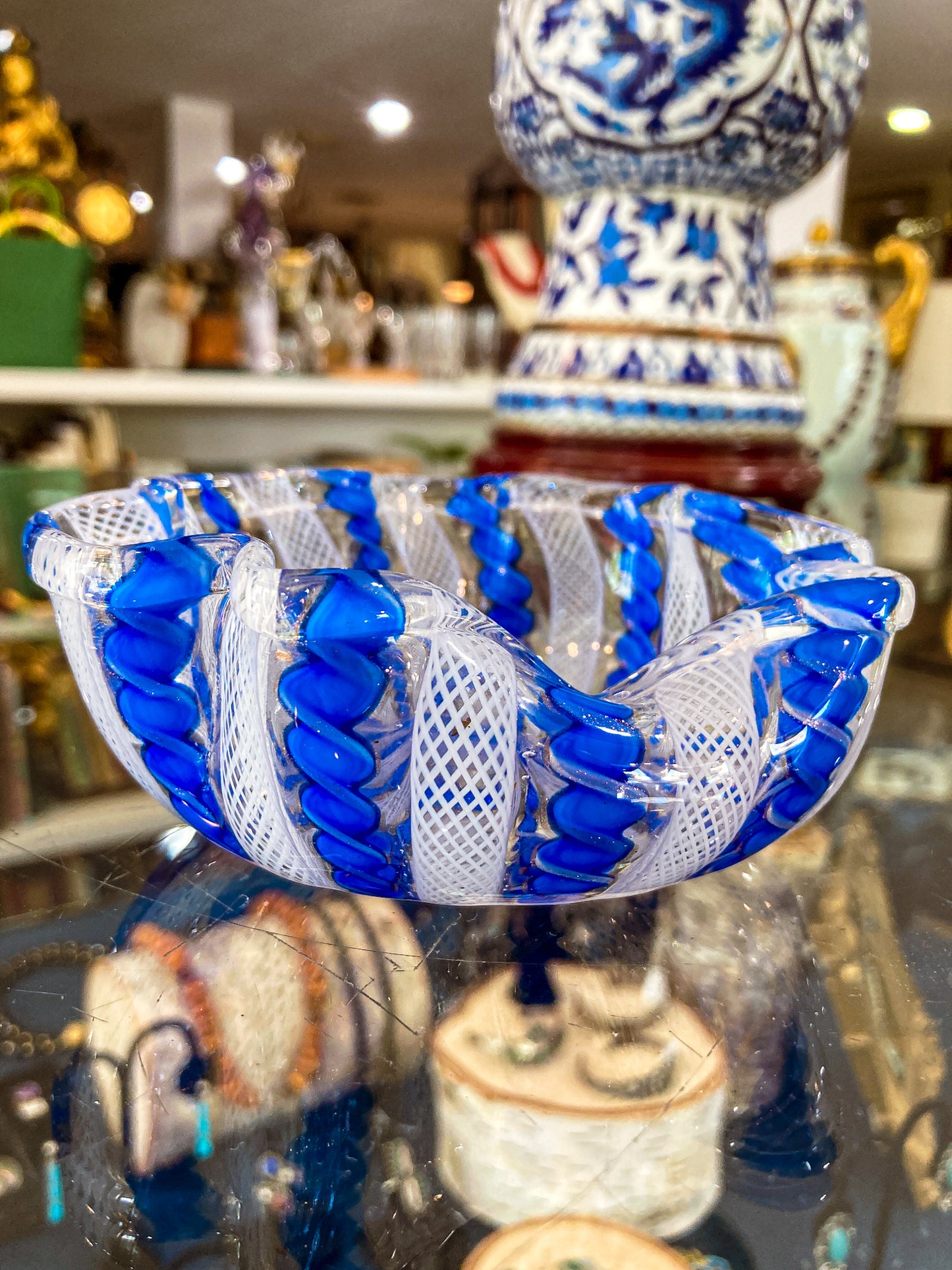 Vintage Murano Italian Blue White Ruffle Lattice Ribbon Small Glass Bowl