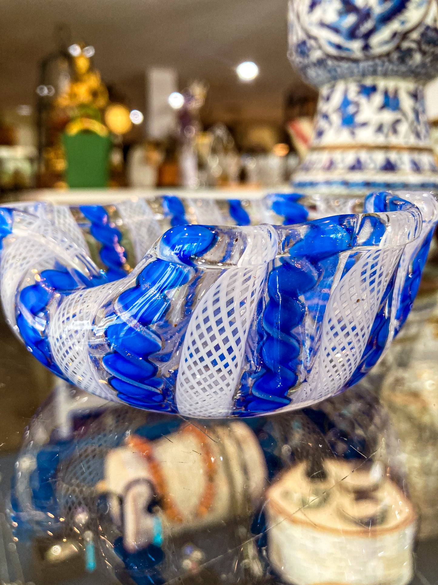 Vintage Murano Italian Blue White Ruffle Lattice Ribbon Small Glass Bowl