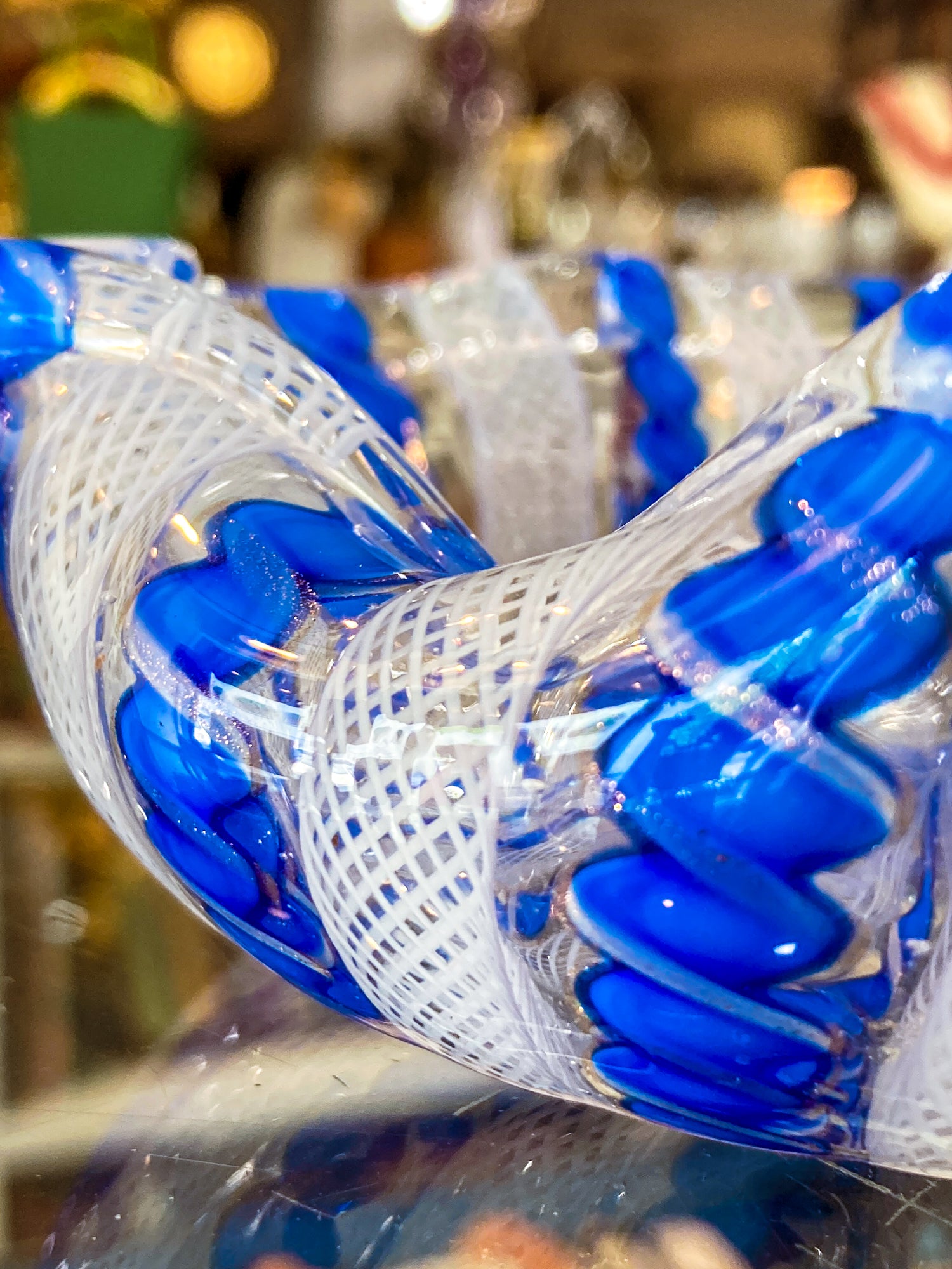 Vintage Murano Italian Blue White Ruffle Lattice Ribbon Small Glass Bowl