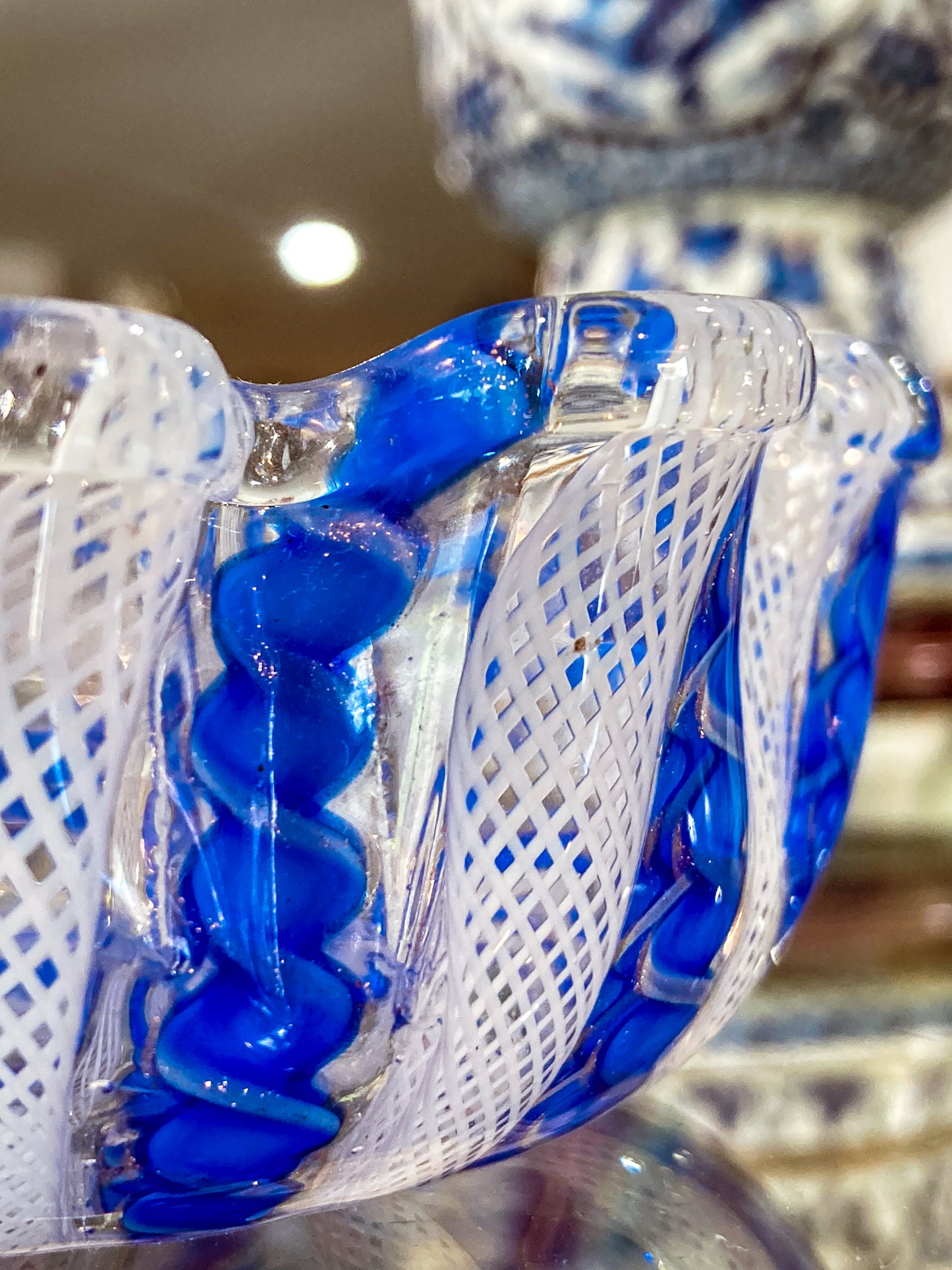 Vintage Murano Italian Blue White Ruffle Lattice Ribbon Small Glass Bowl