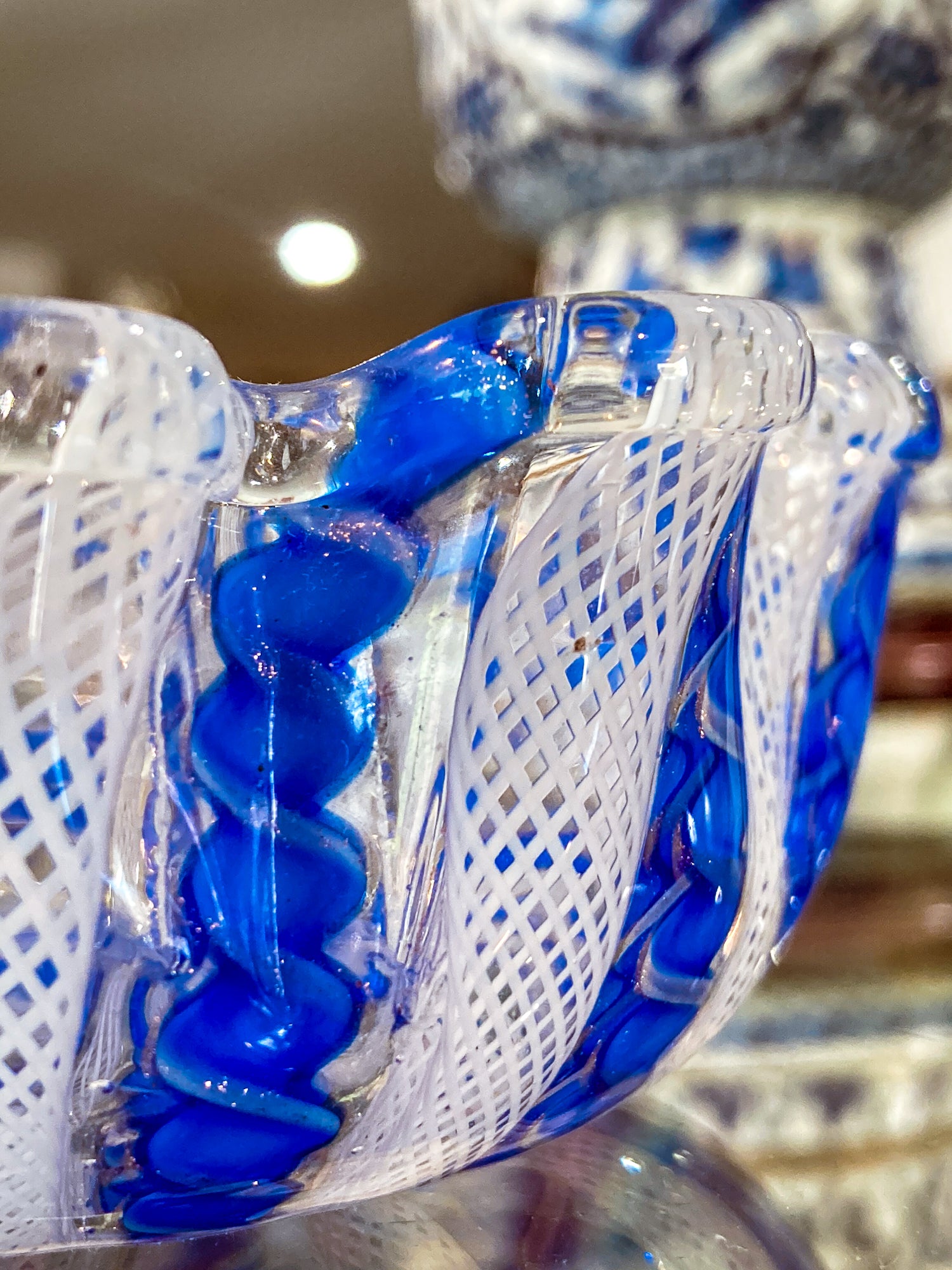 Vintage Murano Italian Blue White Ruffle Lattice Ribbon Small Glass Bowl