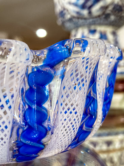 Vintage Murano Italian Blue White Ruffle Lattice Ribbon Small Glass Bowl