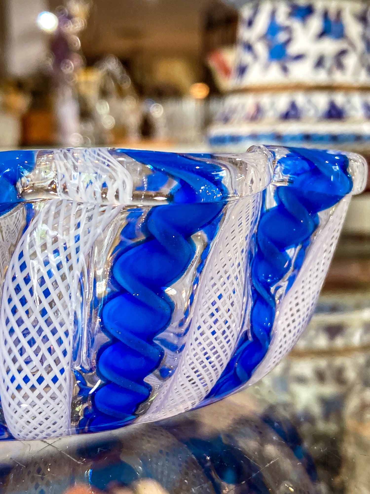 Vintage Murano Italian Blue White Ruffle Lattice Ribbon Small Glass Bowl