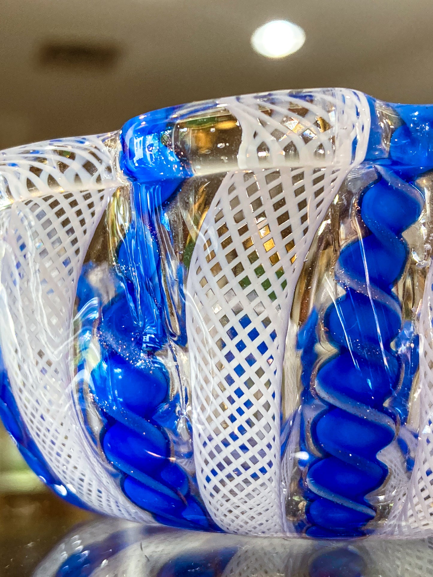 Vintage Murano Italian Blue White Ruffle Lattice Ribbon Small Glass Bowl