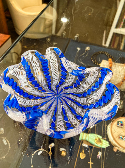 Vintage Murano Italian Blue White Ruffle Lattice Ribbon Small Glass Bowl