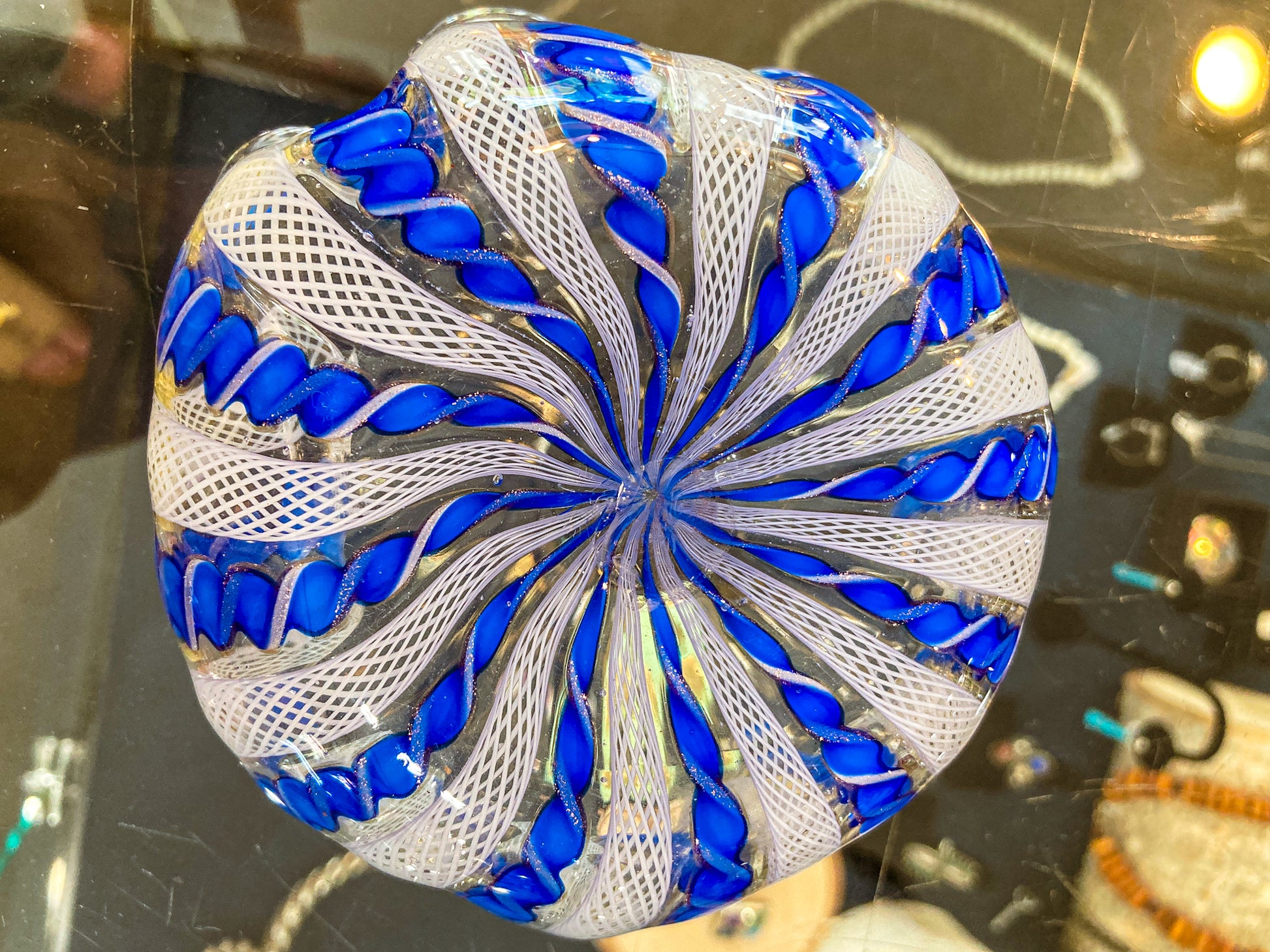 Vintage Murano Italian Blue White Ruffle Lattice Ribbon Small Glass Bowl