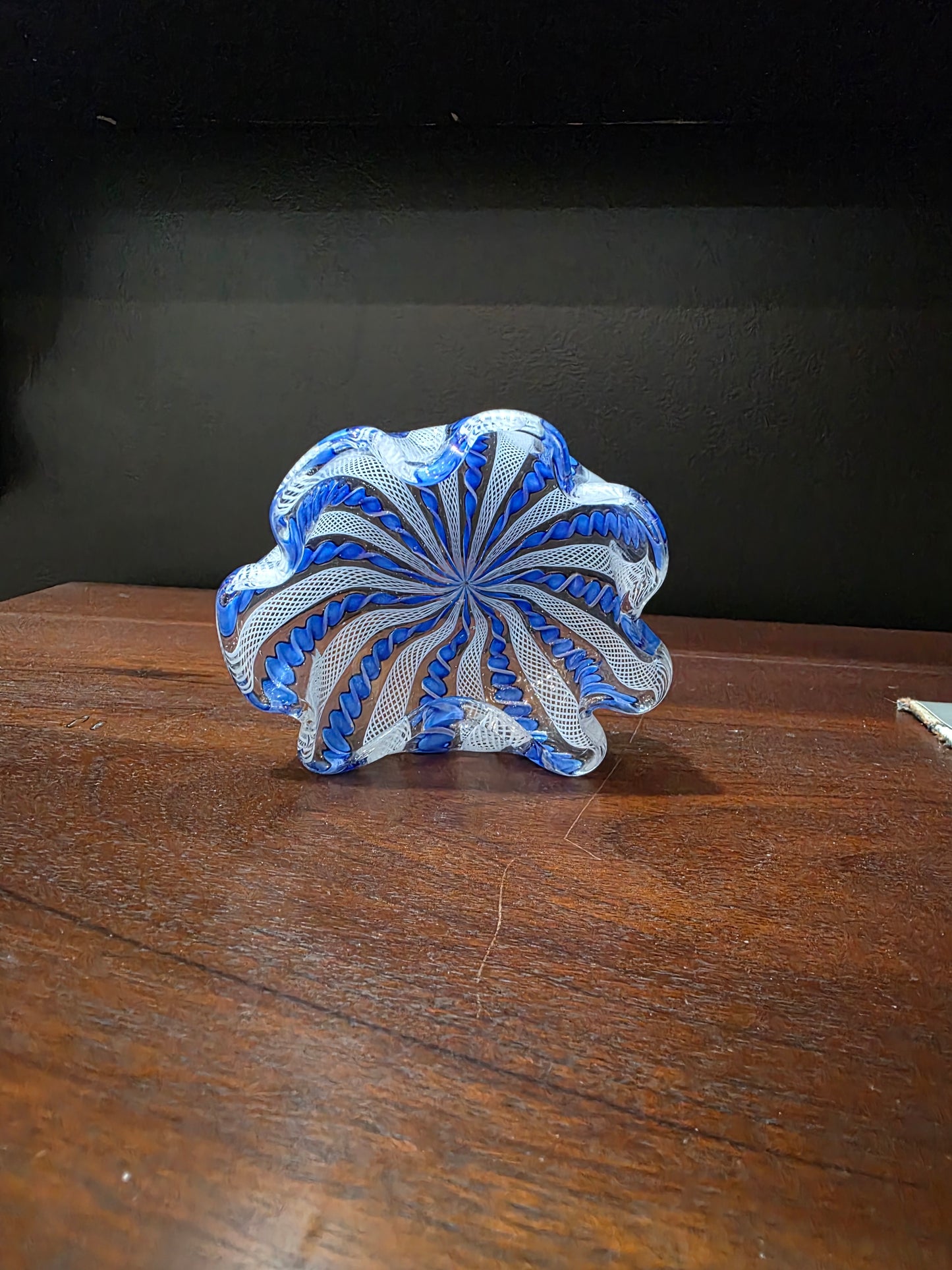 Vintage Murano Italian Blue White Ruffle Lattice Ribbon Small Glass Bowl