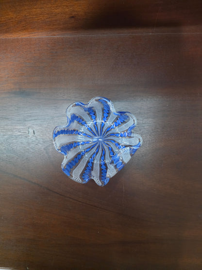 Vintage Murano Italian Blue White Ruffle Lattice Ribbon Small Glass Bowl