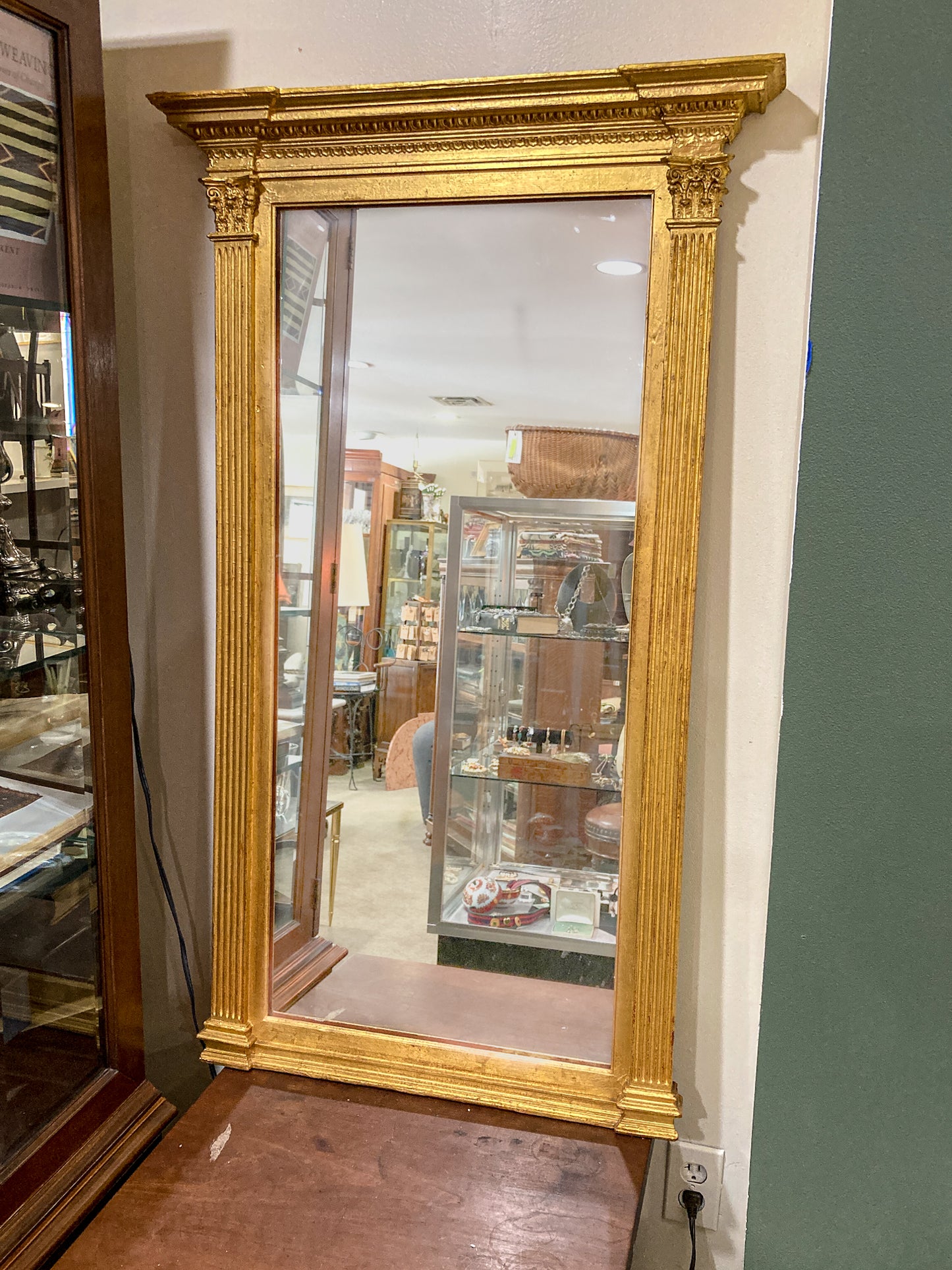 Vintage Neoclassical Style Gilt Gold Column Tall Elongated Wall Mirror
