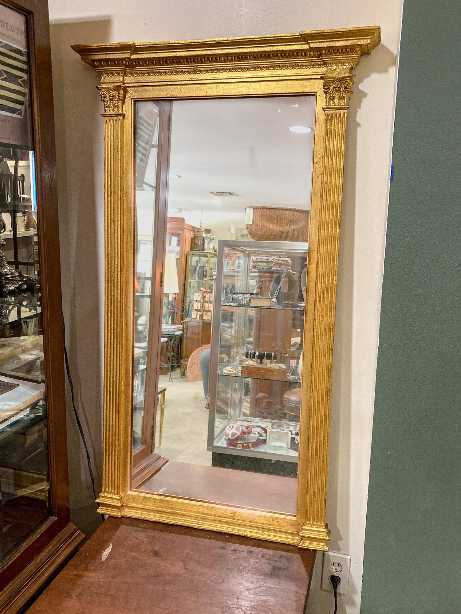 Vintage Neoclassical Style Gilt Gold Column Tall Elongated Wall Mirror
