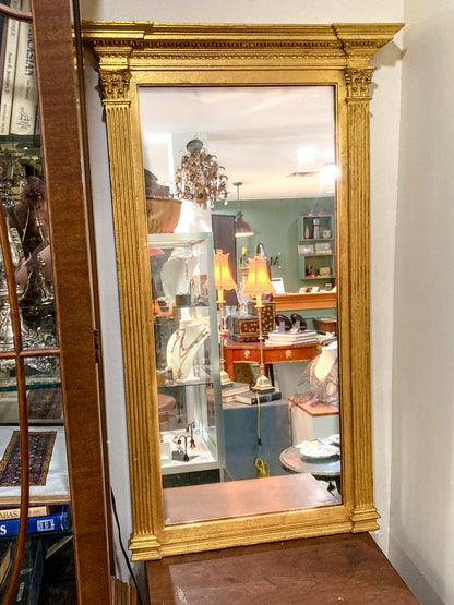 Vintage Neoclassical Style Gilt Gold Column Tall Elongated Wall Mirror