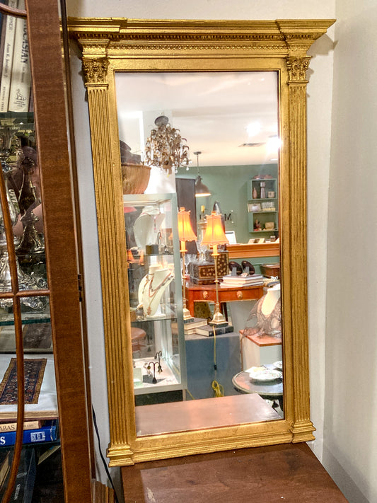 Vintage Neoclassical Style Gilt Gold Column Tall Elongated Wall Mirror