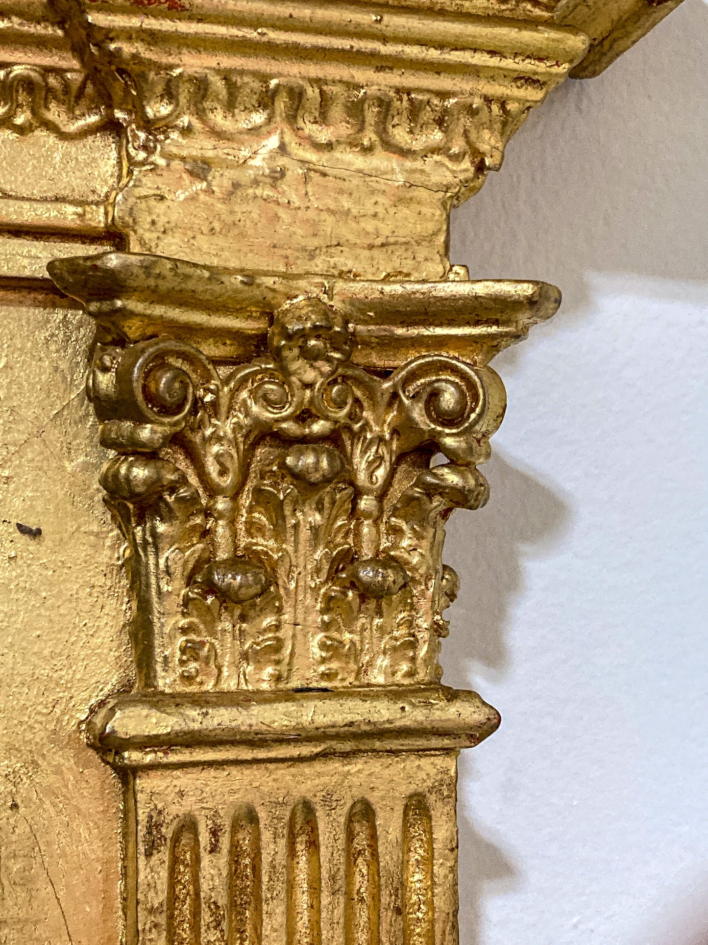 Vintage Neoclassical Style Gilt Gold Column Tall Elongated Wall Mirror