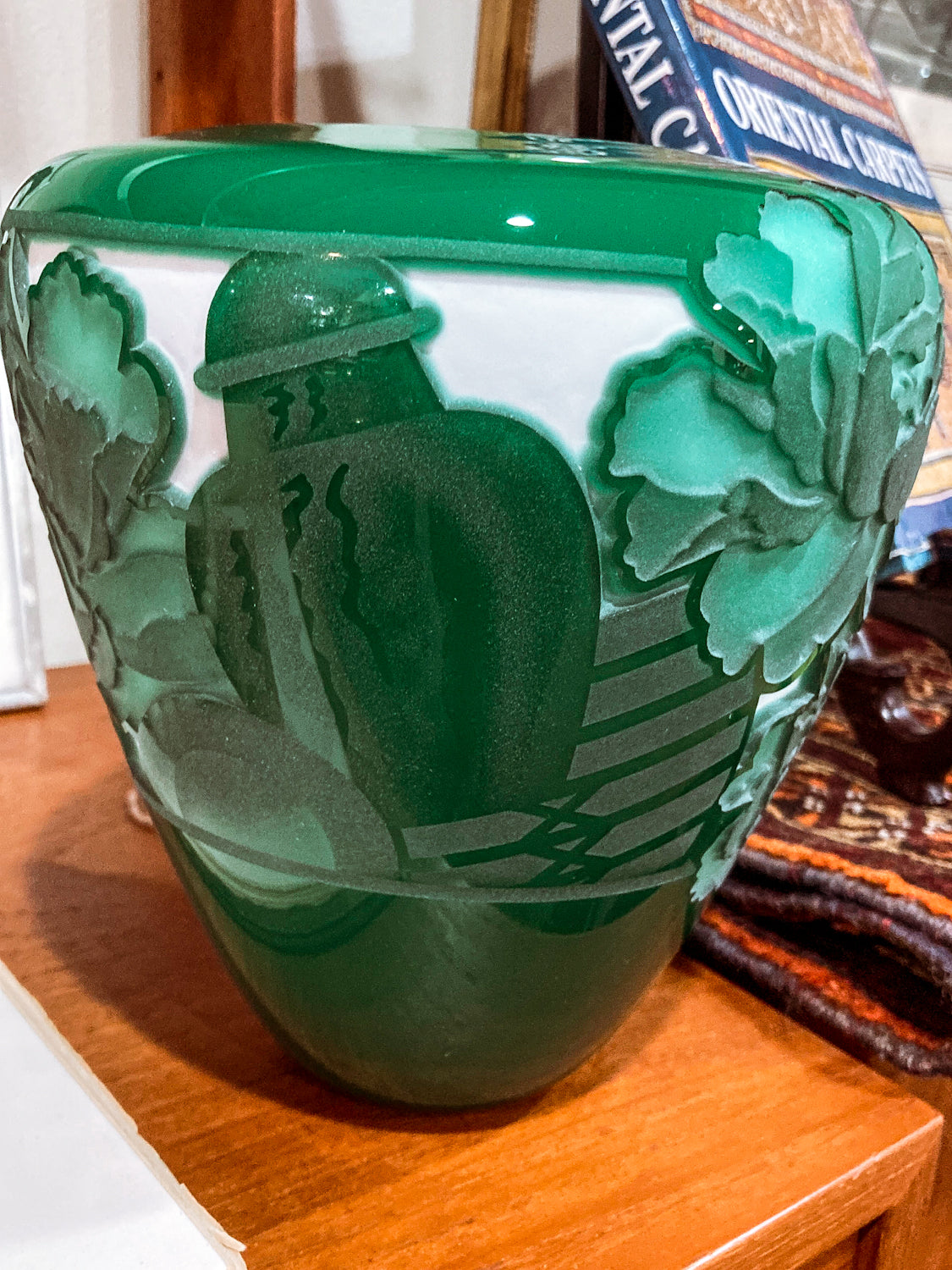 Nourot Art Glass Studio Valerie Surjan 1990 Green Cameo Glass Vase