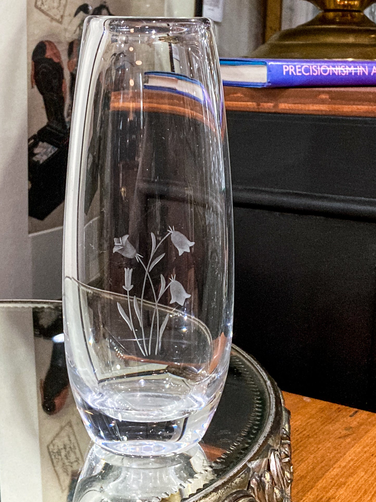 Vintage Orrefors Sven Palmqvist Clear Crystal Etched Flower Bud Vase