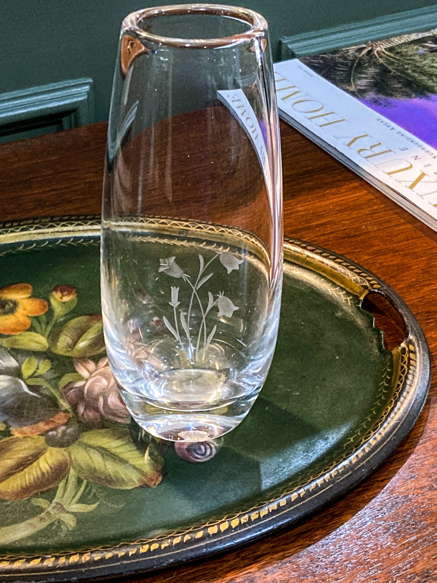 Vintage Orrefors Sven Palmqvist Clear Crystal Etched Flower Bud Vase