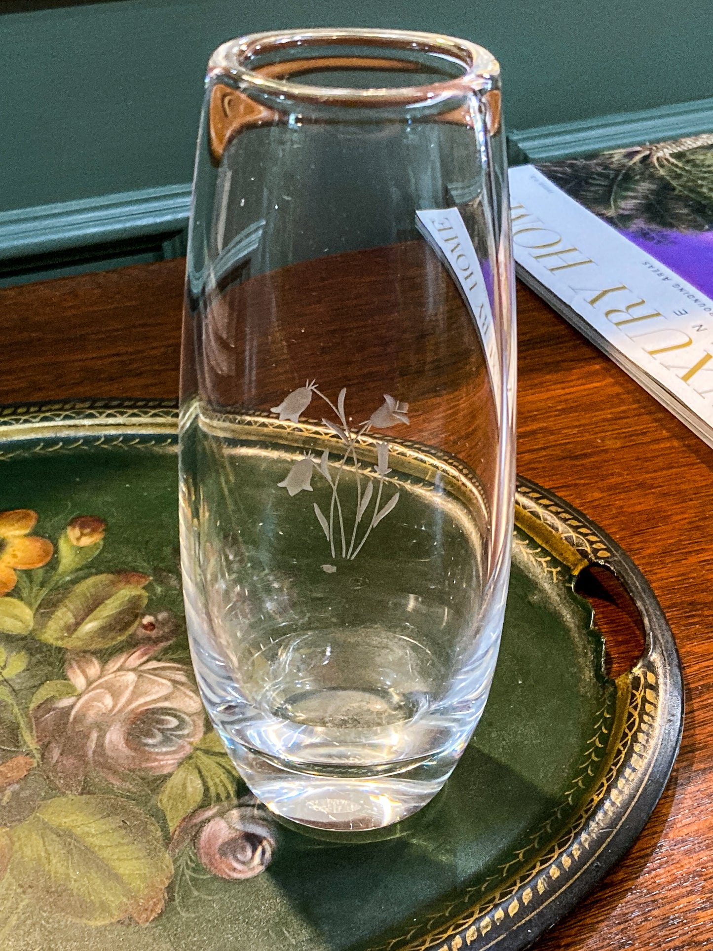 Vintage Orrefors Sven Palmqvist Clear Crystal Etched Flower Bud Vase