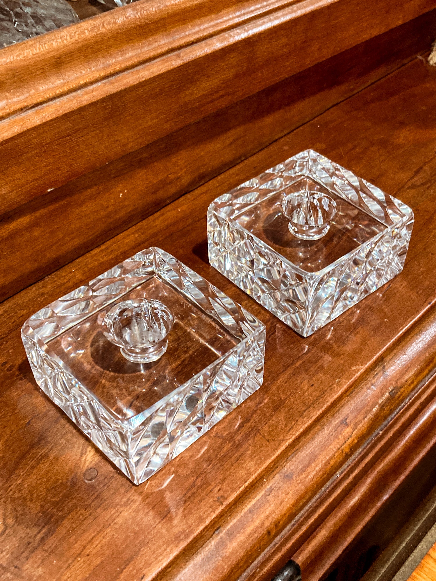 Vintage Orrefors Sweden Sven Palmqvist Square Clear Crystal Low Profile Candlesticks